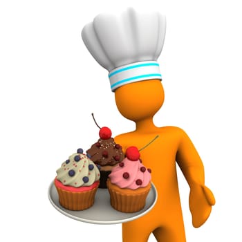 Orange cartoon character as baker with cupcakes.