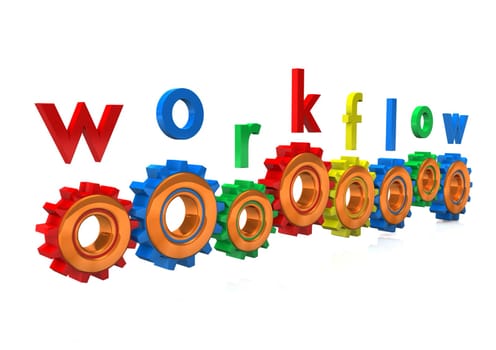 Multicolored gears with the text "workflow"". White background."