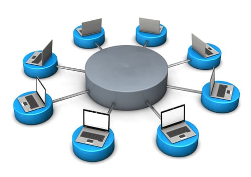 Illustration of mobile networks, with laptops 8 notebooks. White background.