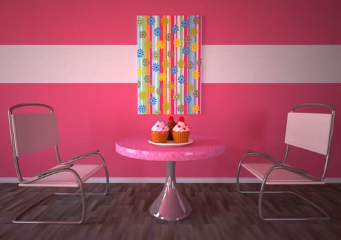 Bakery room with pink wall, two chairs, table and three cupcakes.