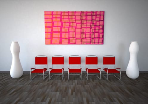 Modern ante room with red chairs and white vases.