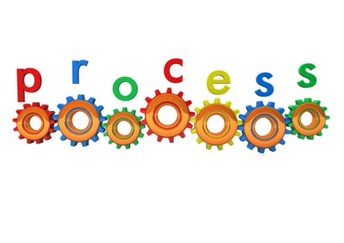 Multicolored gears with the text "process"". White background."