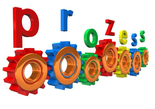 Colorful gears with the word "process"". White background."