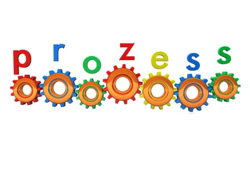 Colorful gears with the word "process"". White background."