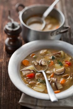 Fresh mushroom soup on wooden background close up