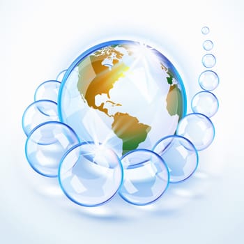 Blue bubbled Earth surrounded by crystal bubbles revealing America