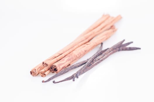 Cinnamon and vanilla pods over white background