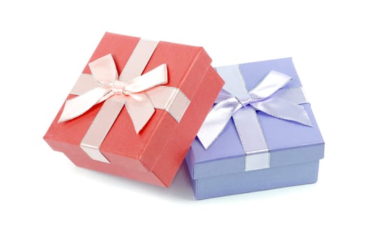 Christmas box gifts with satin bow isolated on white background