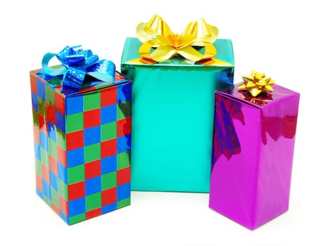 Christmas box gifts with satin bow isolated on white background