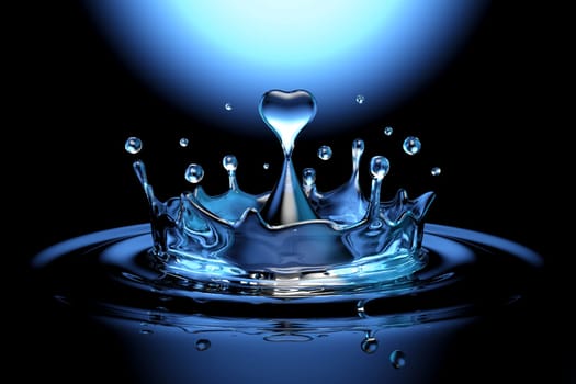 falling heart shaped water drop into the water on the dark background