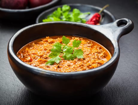 Sauerkraut soup - cabbage soup with meat and chili