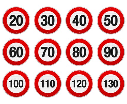 Isolated illustration of circle speed limit signs with red border
