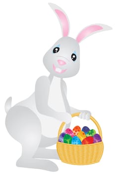 Happy Easter Day Bunny Rabbit with Basket of Colorful Eggs Illustration Isolated on White Background