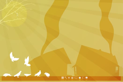 Desktop theme background with houses silhouettes, birds and plants, buttons. Eps 10 with transparency effect.