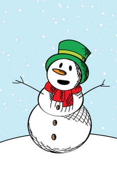 Winter celebration card with a very happy snow man