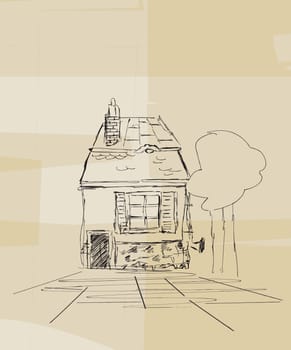 Grunge style sketch of a small Romanian house with trees