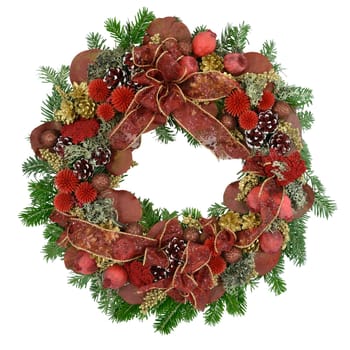 Christmas wreath for door decoration, isolated on white.