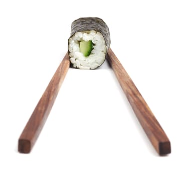 Sushi with chopsticks,Japanese food against white background