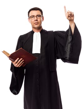 one caucasian lawyer man pleading in studio isolated on white background