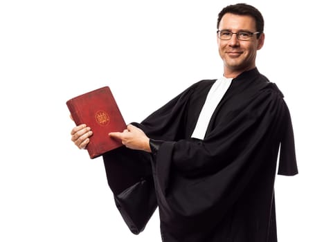 one caucasian lawyer man in studio isolated on white background