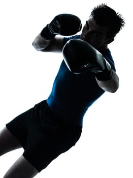 one caucasian man exercising boxing boxer  workout fitness in silhouette studio  isolated on white background