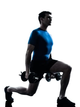 one caucasian man exercising weight training workout fitness in silhouette studio  isolated on white background
