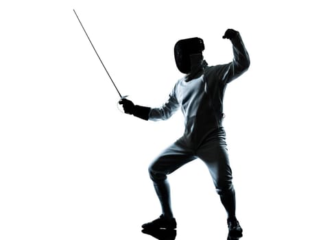 one man fencing silhouette in studio isolated on white background