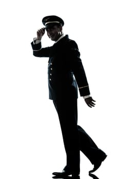 one caucasian man in airline pilot uniform  in studio isolated on white background