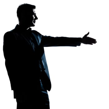 one caucasian man handshake profile portrait silhouette in studio isolated white background