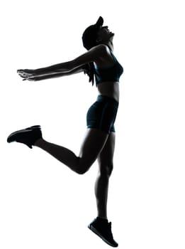 one caucasian woman runner jogger in silhouette studio isolated on white background
