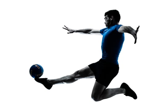 one caucasian man flying kicking playing soccer football player silhouette  in studio isolated on white background