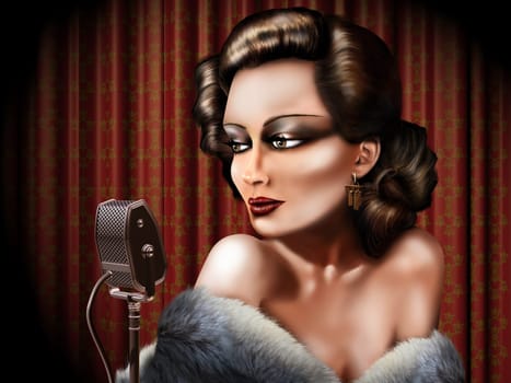 Retro illustration of a woman singing into a microphone