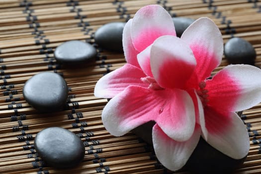 details of a tranquil scene, made withe stack of black pebble and artificial flower.