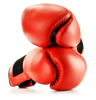 Pair of red leather boxing gloves isolated on white