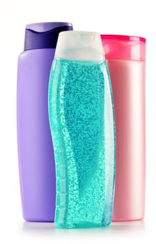 Composition with plastic bottles of body care and beauty products