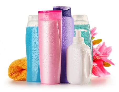 Composition with plastic bottles of body care and beauty products