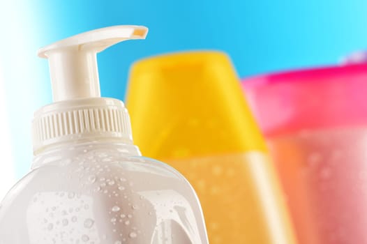 Composition with plastic bottles of body care and beauty products