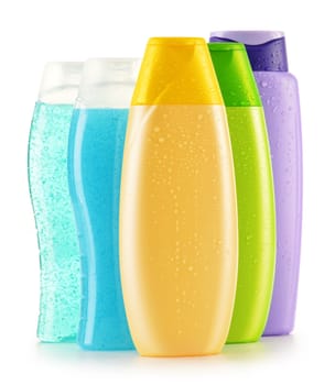 Composition with plastic bottles of body care and beauty products
