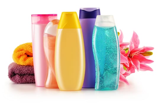 Composition with plastic bottles of body care and beauty products