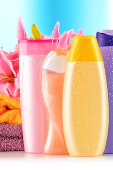 Composition with plastic bottles of body care and beauty products