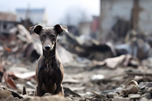 Alone wet and dirty Italian Greyhound after disaster on the background of house rubble. Neural network generated image. Not based on any actual scene.