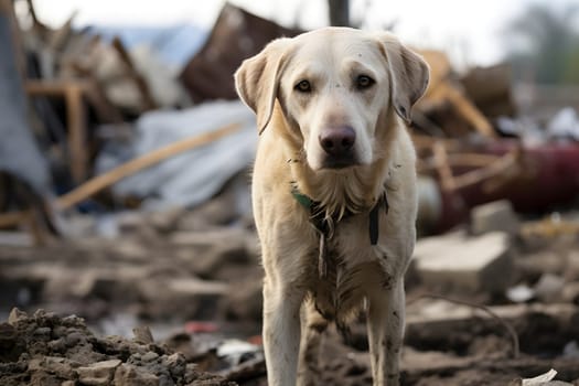 Alone wet and dirty Labrador Retriever after disaster on the background of house rubble. Neural network generated image. Not based on any actual scene.