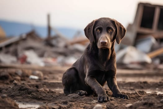 Alone wet and dirty Labrador Retriever after disaster on the background of house rubble. Neural network generated image. Not based on any actual scene.