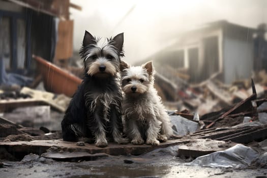 Alone and hungry dogs after disaster on the background of house rubble. Neural network generated image. Not based on any actual scene.