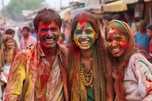 Smiling people, colored happy faces with vibrant colors during the celebration of the Holi festival in India. Neural network generated image. Not based on any actual person or scene.