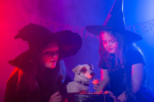 Funny child girl and woman in witches costumes for Halloween with pumpkin Jack and dog