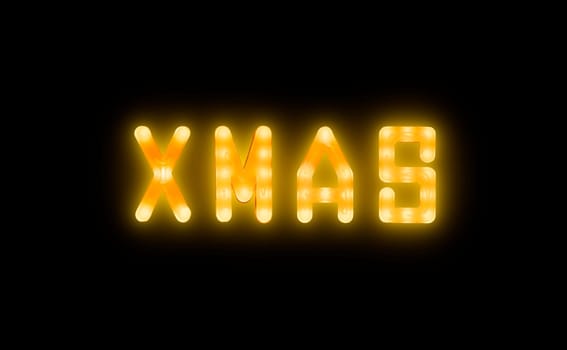 Close up yellow neon glowing bright led light XMAS sign on black background