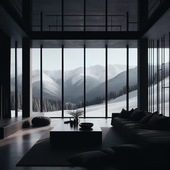 Stylish interior of a chalet in the mountains. generative, AI. High quality photo