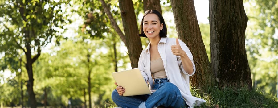 Portrait of asian young woman, student doing homework, working in park, sitting beside tree with laptop and showing thumb up, approve smth.
