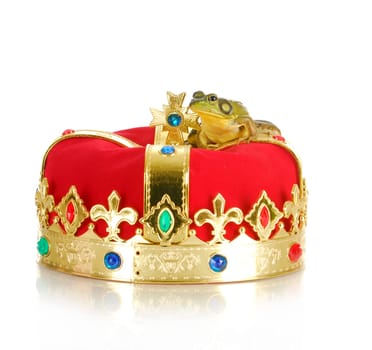 frog sitting on crown isolated on white backgroun